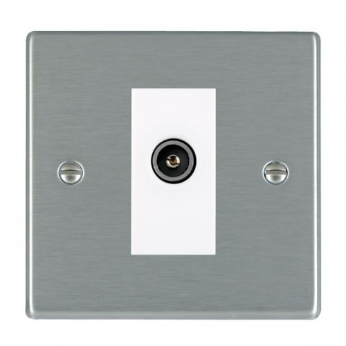 Hamilton Litestat 74DTVFW Hartland Satin Steel Raised Edge Screwed Single Non-Isolated Female Digital Co-Axial TV Socket With White Insert
