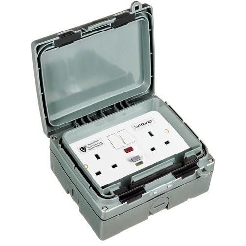 Timeguard WXT204NP Weathersafe Extreme Grey 2 Gang Latching (Passive) RCD Protected White Switchsocket With Cover IP66 13A 30mA 230V