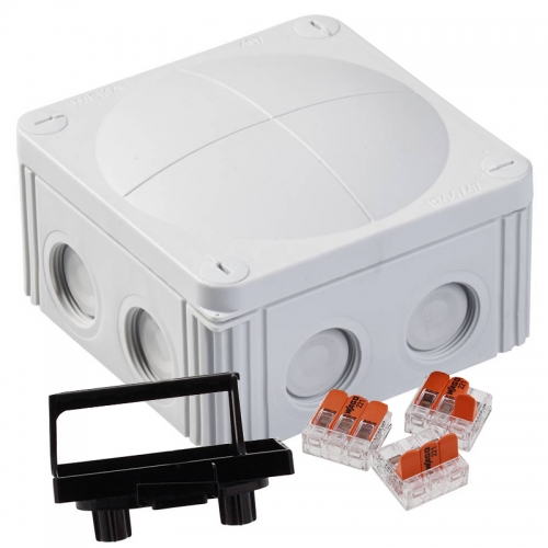Wiska 10110871 COMBI® 607 Grey Polypropylene Weatherproof Junction Box With 8 Self Sealing Cable Inlets & 3 x 221-413 Wago Lever Connectors IP66/IP67 690V L:110mm | W:110mm | D:66mm