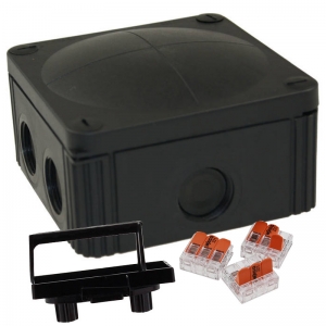Wiska 10110872 COMBI® 607 Black Polypropylene Weatherproof Junction Box With 8 Self Sealing Cable Inlets & 3 x 221-413 Wago Lever Connectors IP66/IP67 690V L:110mm | W:110mm | D:66mm