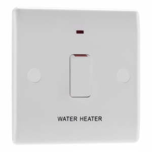 BG Electrical 833WH Nexus White Moulded DP Control Switch With Neon & Flex Outlet Marked WATER HEATER 20A