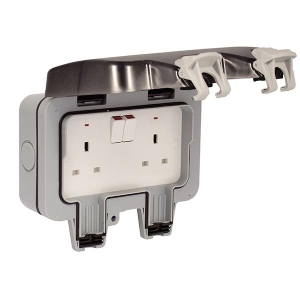 BG Electrical WP22 Nexus Storm Grey 2 Gang Double Pole Switched Socket With Neon & Weatherproof Enclosure IP66 13A