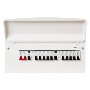 Y7666SMET MK Sentry White All Metal 16 Way Pre-Populated Twin RCD Consumer Unit With 100A Switch Isolator, 2x63A 30mA RCDs & 3x6A + 2x16A + 4x32A + 1x40A MCBs Width: 382mm | Height: 244mm | Depth: 116mm