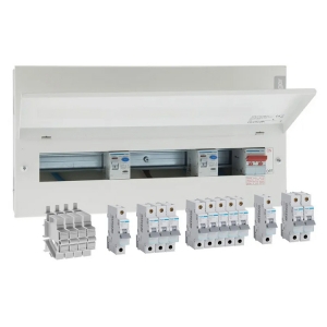 Hager VML916CURKPP Design 10 All Metal 16 Way Pre-Populated High Integrity Twin RCD Consumer Unit With 100A Switch Isolator, 2x100A 30mA Type A RCDs & 3x6A + 1x10A + 5x16A + 2x32A + 1x40A & 4 Blanks Width: 478mm | Height: 246mm | Depth: 100mm