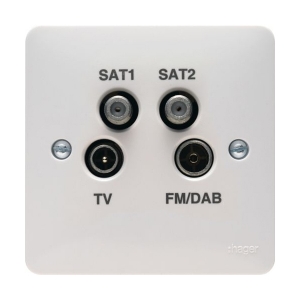 Hager WMQX Sollysta White Moulded Quadplexer Co-Axial TV, FM/DAB & 2 x F Type Satellite Outlet