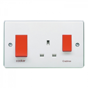 Crabtree 4521/1 Capital White Moulded Double Pole Slimline Cooker Control Unit With Mains Isolator Switch Marked Cooker, 13A Switched Socket & Red Rockers 45A