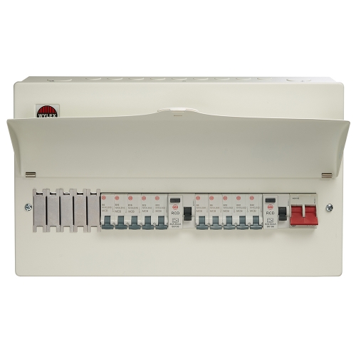 Wylex WNM1770 NM Series 18th Edition All Metal 15 Way Pre-Populated High Integrity Twin RCD Consumer Unit With 100A Switch Isolator, 2x80A 30mA RCDs & 3x6A + 2x16A + 5x32A & 5 Blanks Width: 438mm | Height: 261mm | Depth: 98mm