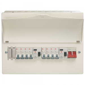 Wylex WNM1769 NM Series 18th Edition All Metal 10 Way Pre-Populated High Integrity Twin RCD Consumer Unit With 100A Switch Isolator, 2x80A 30mA RCDs & 3x6A + 1x16A + 4x32A & 2 Blanks Width: 343mm | Height: 261mm | Depth: 98mm