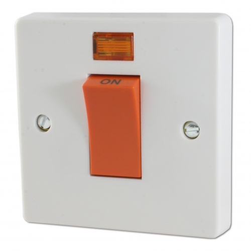 Crabtree 4016/3 Capital White Moulded Double Pole Control Switch With Neon & Red Rocker On 1 Gang Plate 45A
