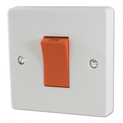 Crabtree 4016 Capital White Moulded Double Pole Control Switch With Red Rocker On 1 Gang Plate 45A
