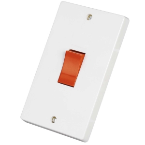 Crabtree 4500 Capital White Moulded Double Pole Control Switch With Red Rocker On Large Vertical 2 Gang Plate 50A