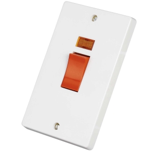 Crabtree 4500/3 Capital White Moulded Double Pole Control Switch With Neon & Red Rocker Large Vertical 2 Gang Plate 50A