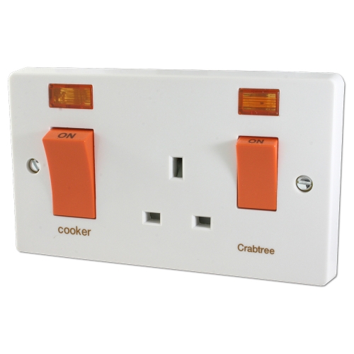 Crabtree 4521/31 Capital White Moulded Double Pole Slimline Cooker Control Unit With Mains Isolator Switch Marked Cooker, 13A Switched Socket, Neons & Red Rockers 45A