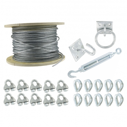 ICWKIT Galvanised Steel Catenary Kit With 30m Wire, 4 x Wire Grips, Thimble, 2 x Loop Wall Plates, Hook + Eye Straining Screw & 2 x Straining Eye Bolts