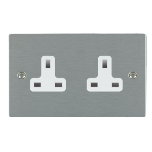 Hamilton Litestat 84US99W Sheer Satin Steel Flatplate Screwed 2 Gang Unswitched Socket With White Inserts 13A