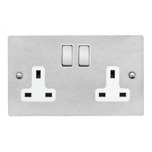 Hamilton Litestat 84SS2SS-W Sheer Satin Steel Flatplate Screwed 2 Gang Double Pole Switched Socket With Satin Steel Rockers & White Inserts 13A