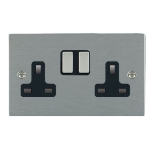 Hamilton Litestat 84SS2SS-B Sheer Satin Steel Flatplate Screwed 2 Gang Double Pole Switched Socket With Satin Steel Rockers & Black Inserts 13A