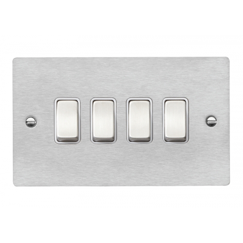 Hamilton Litestat 84R24SS-W Sheer Satin Steel Flatplate Screwed 4 Gang 2 Way Plateswitch With Satin Steel Rockers & Black Insert 10Ax