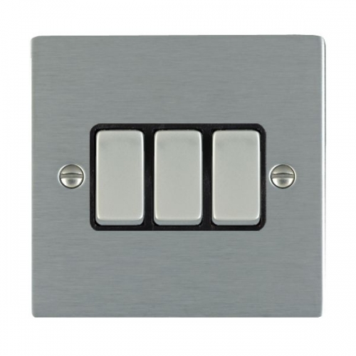Hamilton Litestat 84R23SS-B Sheer Satin Steel Flatplate Screwed 3 Gang 2 Way Plateswitch With Satin Steel Rockers & Black Insert 10Ax