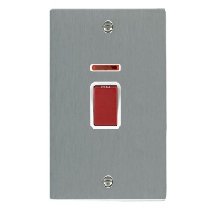 Hamilton Litestat 8445VW Sheer Satin Steel Flatplate Screwed DP Control Switch With Neon, Red Rocker & White Insert Large 2 Gang Vertical Plate 45A