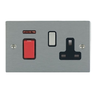 Hamilton Litestat 8445SS1SS-B Sheer Satin Steel Flatplate Screwed Double Pole Cooker Control Unit With Main Isolation Switch, Neon + 13A Switchsocket