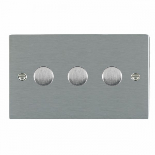 Hamilton Litestat 843XLEDITB100 Sheer Satin Steel Flatplate Screwed 3 Gang 2 Way LED Trailing Edge/Leading Edge Push On/Off Rotary Dimmer Switch 100W