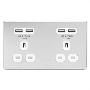 BG Electrical FPC24U44W Nexus Flatplate Polished Chrome Screwless 2 Gang Unswitched Socket With 4 x 2.1A USB Sockets & White Inserts 13A