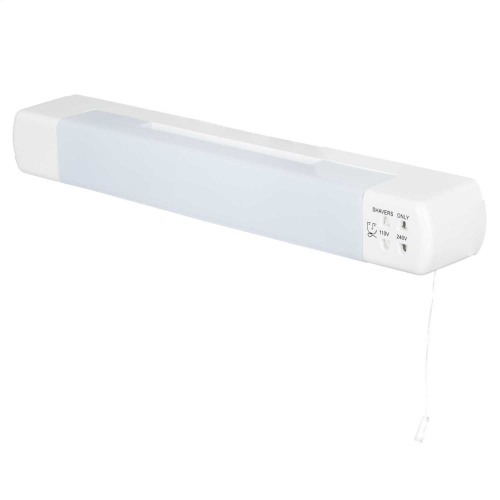 Eterna LEDSHDVO White All Polycarbonate LED Dual Voltage Shaver Light With Opal Diffuser, Shaver Socket & Warm White 3000K LED Tubular Strip Lamp IP20 6W 400Lm S15 240V Length: 435mm | Height: 57mm | Proj: 65mm