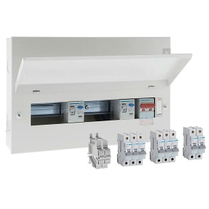 Hager VML910CURKPP Design 10 All Metal 10 Way Pre-Populated High Integrity Twin RCD Consumer Unit With 100A Switch Isolator, 2x100A 30mA Type A RCDs & 3x6A + 3x16A + 2x32A & 2 Blanks Width: 370mm | Height: 246mm | Depth: 100mm
