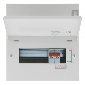 Hager VML106 Design 10 White Metal 18th Edition 6 Way Switch Isolator Consumer Unit With 100A Isolator Width: 227mm | Height: 246mm | Depth:100mm