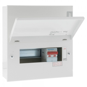 Hager VML106 Design 10 White Metal 18th Edition 6 Way Switch Isolator Consumer Unit With 100A Isolator Width: 227mm | Height: 246mm | Depth:100mm