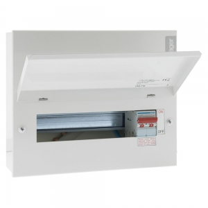 Hager VML110 Design 10 White Metal 18th Edition 10 Way Switch Isolator Consumer Unit With 100A Isolator Width: 299mm | Height: 246mm | Depth:100mm