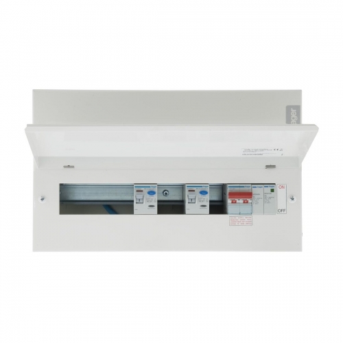 Hager VML910CUSPD Design 10 White Metal 18th Edition 10 Way Flexible High Integrity Split Load SPD Twin RCD Consumer Unit
