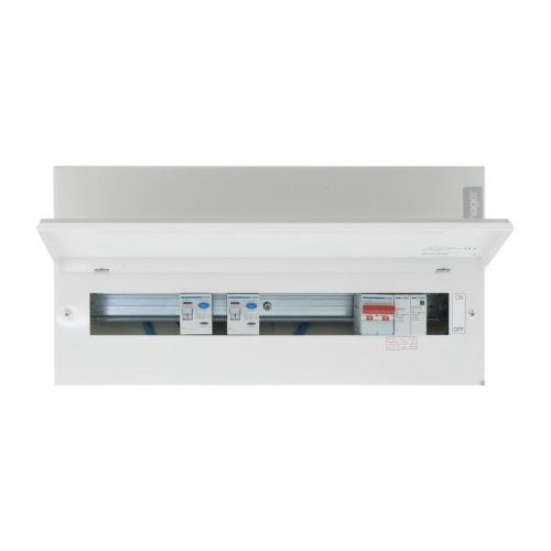 Hager VML914CUSPD Design 10 White Metal 18th Edition 14 Way Flexible High Integrity Split Load SPD Twin RCD Consumer Unit