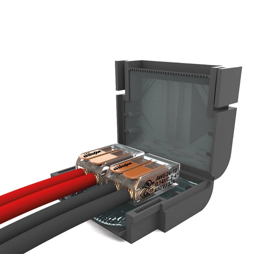 Wiska MJBF222 Mini Gel SHELLBOX Flat Grey Insulated Gel-Filled Mini Junction Box With 2 x 221-412 2-Way Wago Compact Lever Connectors 41A  Length: 42mm | Width: 32mm | Height: 16mm