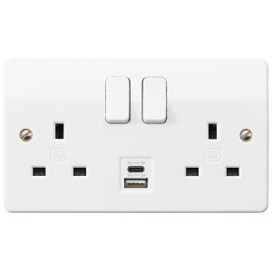 MK Electric K2745WHI Logic Plus White Moulded 2 Gang Double Pole Switched Socket With 1 x 2A USB-A + 1 x 2A USB-C Charging Sockets 13A