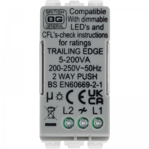 BG Electrical RDTR Nexus Grid White 1 Module 2 Way Intelligent Trailing Edge Dimmer Grid Switch 200W