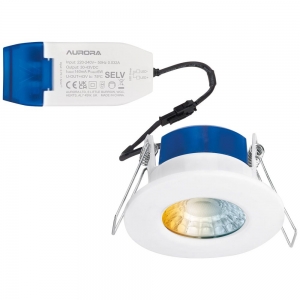 Aurora AU-R6CWS R6™CWS Fixed Colour & Wattage Switchable LED Fire Rated Downlight With White Polycarbonate Bezel & Detachable Remote Driver IP65 4W-6W-8W 3000K-4000K-5700K 240V Dia Ø: 88mm | Cut-Out: 65-70mm | Recess Depth: 50mm
