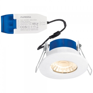 Aurora AU-R6/30 R6™ Fixed LED Fire Rated Downlight With Warm White 3000K LED, White Polycarbonate Bezel & Detachable Remote Driver IP65 6W 580Lm 240V Dia Ø: 88mm | Cut-Out: 65-70mm | Recess Depth: 50mm