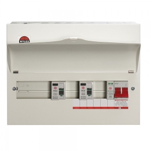 Wylex NMRS9SSLMHISA NM Range White Metal 18th Edition 9 Way Flexible Surge Protected High Integrity Twin RCD Consumer Unit With 100A Isolator, 2 x 80A 30mA Type A RCDs & Type 2 Mini Surge Protection Device