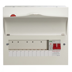 Wylex NM1006LS NM Range White Metal 18th Edition 10 Way Surge Protected Switch Isolator Consumer Unit With 100A Isolator & Type 2 Mini Surge Protection Device