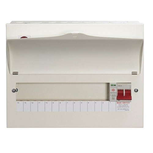Wylex NM1306LS NM Range White Metal 18th Edition 13 Way Surge Protected Switch Isolator Consumer Unit With 100A Isolator & Type 2 Mini Surge Protection Device