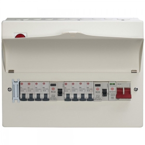 Wylex WNM1772/1 NM Series 18th Edition All Metal 8 Way Pre-Populated High Integrity Twin RCD Type 2 Surge Protected Consumer Unit With 100A Switch Isolator, 2x80A 30mA RCDs, Type 2 SPD & 3x6A + 1x16A + 4x32A MCBs Width: 343mm | Height: 261mm | Depth: 98mm