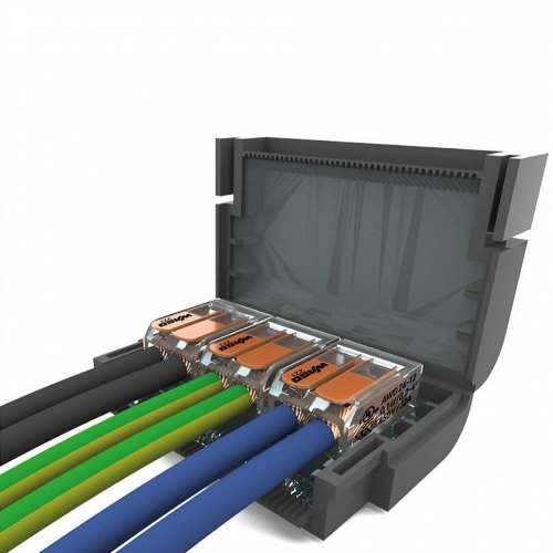 Wiska MJBF332 Mini Gel SHELLBOX Flat Grey Insulated Gel-Filled Mini Junction Box With 3 x 221-412 2-Way Wago Compact Lever Connectors 41A  Length: 52mm | Width: 32mm | Height: 16mm