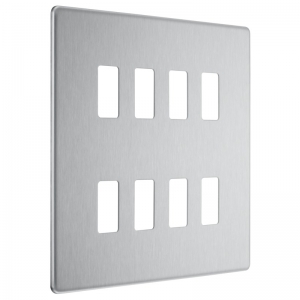 BG Electrical RFBS8 Nexus Grid Brushed Steel Flatplate 8 Module Screwless Grid Frontplate Height: 146mm | Width: 146mm