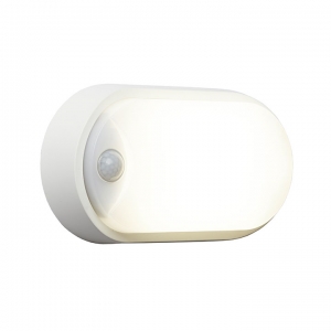 Ansell Lighting AHELED/OW/PIR Helder White Polycarbonate LED Oval 4000K PIR IP54 Bulkhead c/w Polyc Opal Diffuser & Driver 14W 925lm 240V 212x119mm