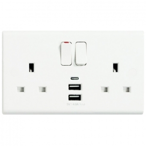 Deta S1288 Slimline White Moulded 2 Gang Single Pole Switched Socket With 1 x Type C and 2 x Type A USB Charging Sockets 13A
