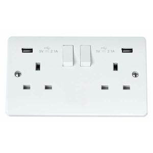 Click CMA780 Mode White Moulded 2 Gang Double Pole Switched Socket With 2 x 2.1A USB Charging Sockets 13A