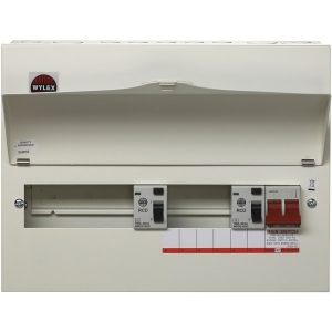 Wylex NMRS10HI100 NM Range White Metal 18th Edition 10 Way Flexible High Integrity Twin RCD Consumer Unit With 100A Isolator & 2 x 100A Type A RCDs