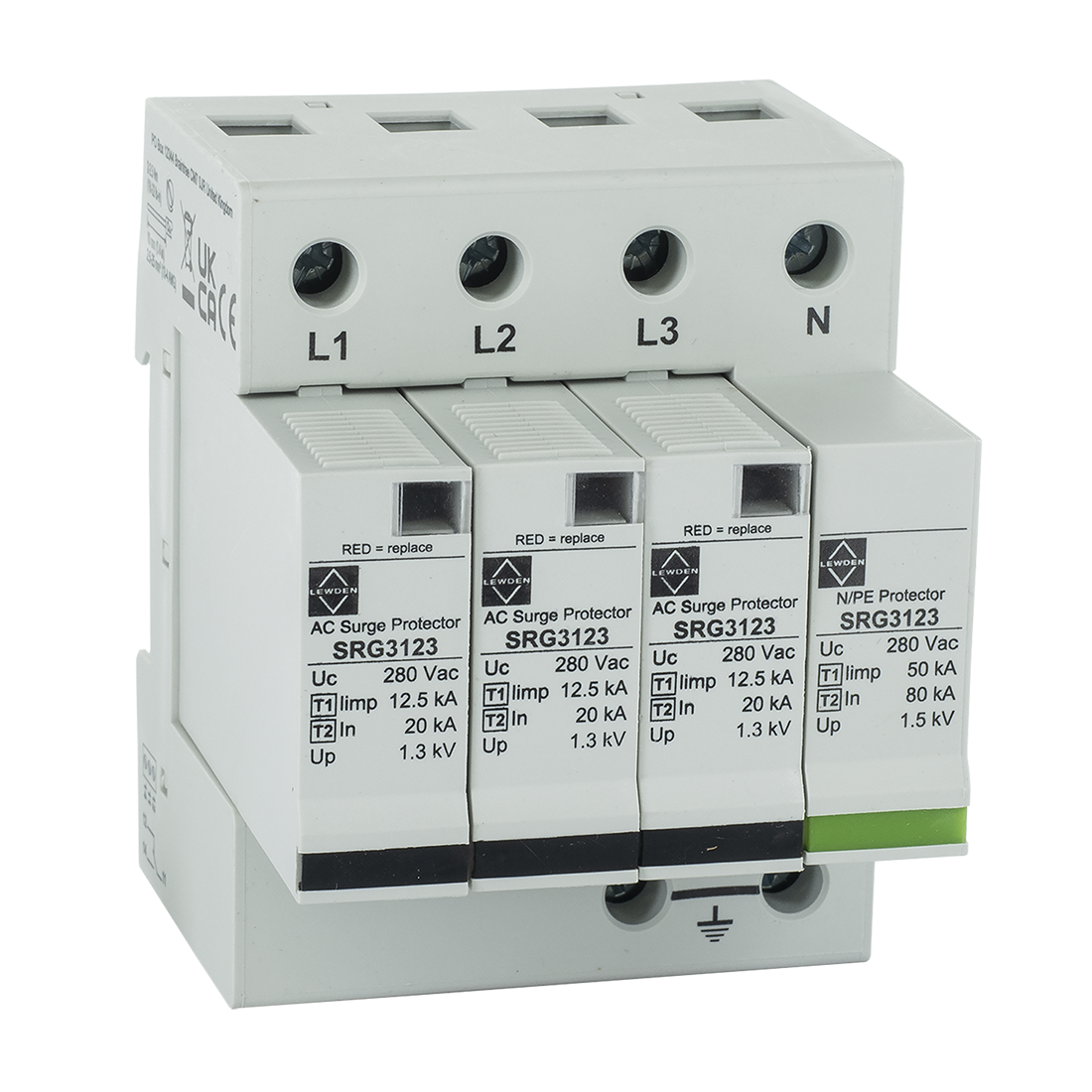 Lewden SRG3123 4 Module Three Phase Combined Type 1 + Type 2 + Type 3 TT/TN Surge Protection